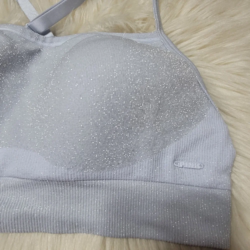 VS PINK Victoria's Secret Seamless Strappy Sports Bra M Silver Shimmer Glitter